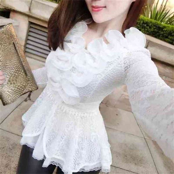 

spring autumn long sleeved elegant blouse women slim v neck white cuasal laides ruffles basic korean lace mujer 210525