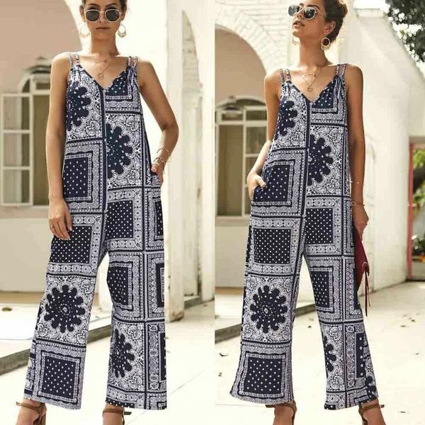

women's jumpsuits & rompers 2021 boho women v neck floral pocket playsuit ladies summer long printed stitching backless personality, Black;white