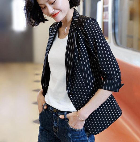 

women's suits & blazers spring women midi sleeve black striped blazer feminina office lady short slim chaqueta mujer, White;black