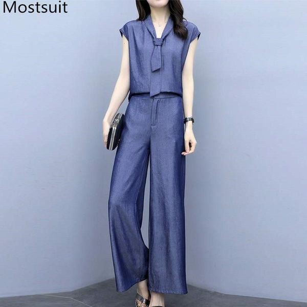 

summer blue denim women two piece sets sleeveless tie + wide leg pants suits fashion office workwear 2 pcs femme 210518, White
