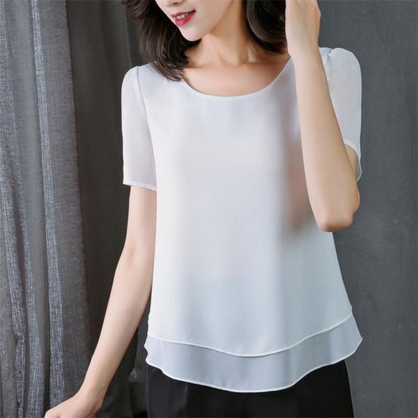 

women's blouses & shirts ruffles women summer chiffon 2021 fashion office lady elegant blouse plus size -6xl 7xl 8xl short sleeve, White