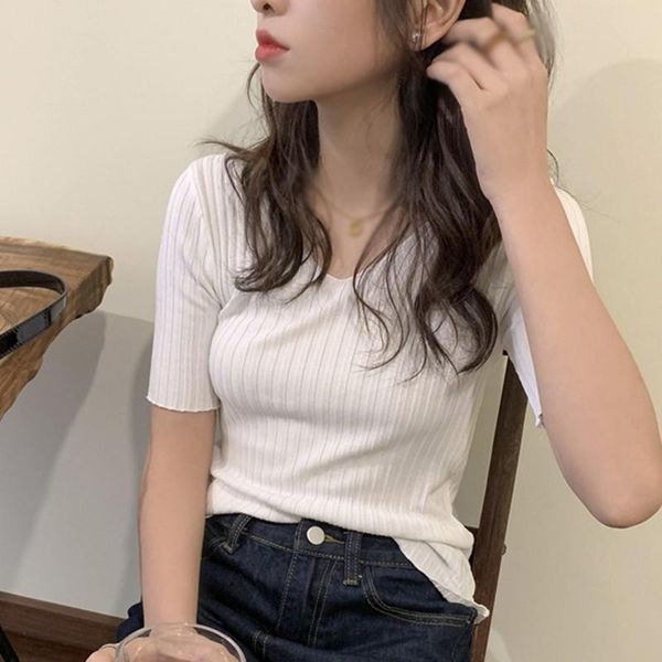 

women's t-shirt woman tshirts summer korean style fashion wild ice silk knit v-neck short sleeve top, White