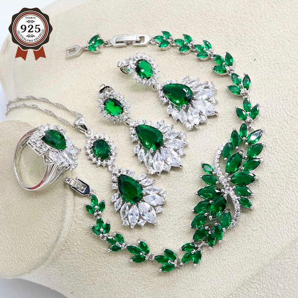 

silver color jewelry set for women white zircon green crystal bracelet earrings necklace pendant ring h1022