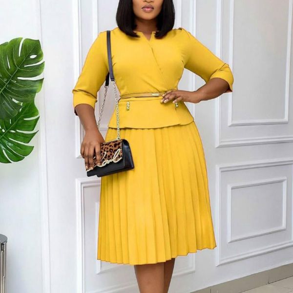 

women slim fake two piece pleated dress three quarter sleeve mid calf with belt dresses office ladies woke wear fall 2021 casual, Black;gray