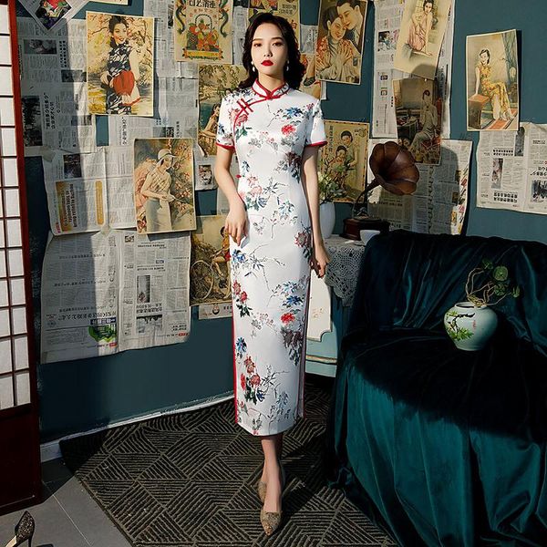 

traditional chinese ladies' qipao silm short sleeve novelty long dress printed satin cheongsam ethnic clothing, Red