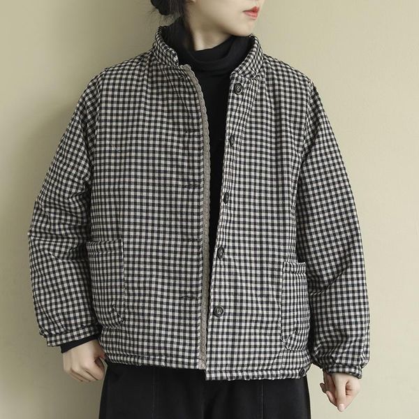 

women's fur & faux women vintage plaid parkas button cotton blend stand pockets 2021 autumn new warm wide-waisted female coats 3ks, Black