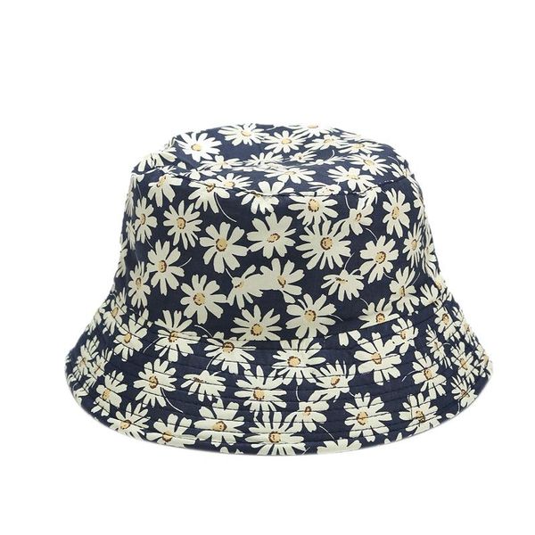 

small chrysanthemum print double-sided wearing fisherman hat outdoor sun female leisure basin wide brim hats, Blue;gray