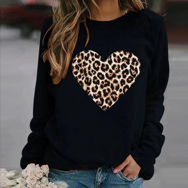 

love heart leopard printed o-neck sweatshirt long sleeve fleece autumn winter oversized hoodie casual pullovers women's hoodies & sweat, Black