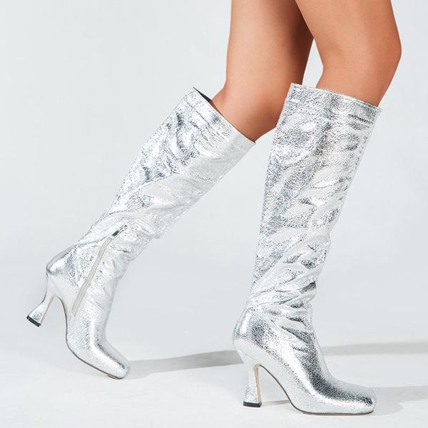 

boots women's sequined cloth pu leather knee high square toe party shoe lady autumn stiletto heels luxury long boot, Black