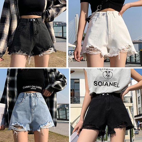 

women's shorts wide leg hole jeans casual street style loose 2021 summer korean fashion, White;black