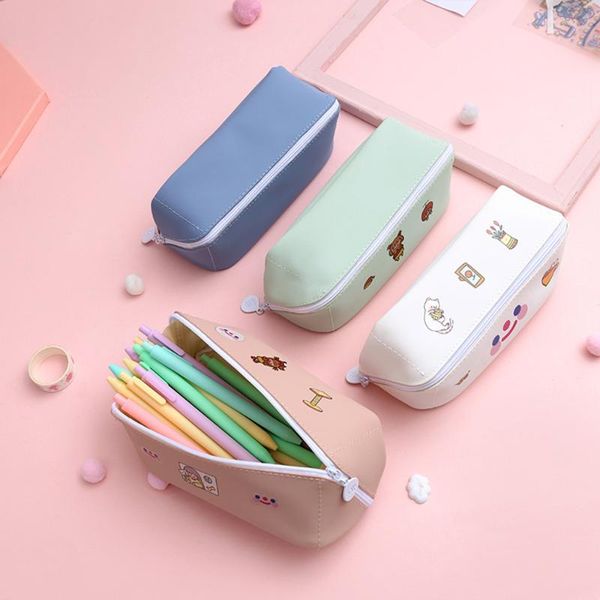 

cartoon candy color large capacity pu leather pencil bag zipper pen storage cosmetic pouch case school stationery bags