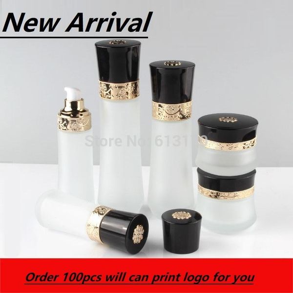 

storage bottles & jars 120ml,100ml.60ml,frosted clear glass lotion pump bottle,black cap gold carved pattern 50g,30g empty cream jar,cosmeti