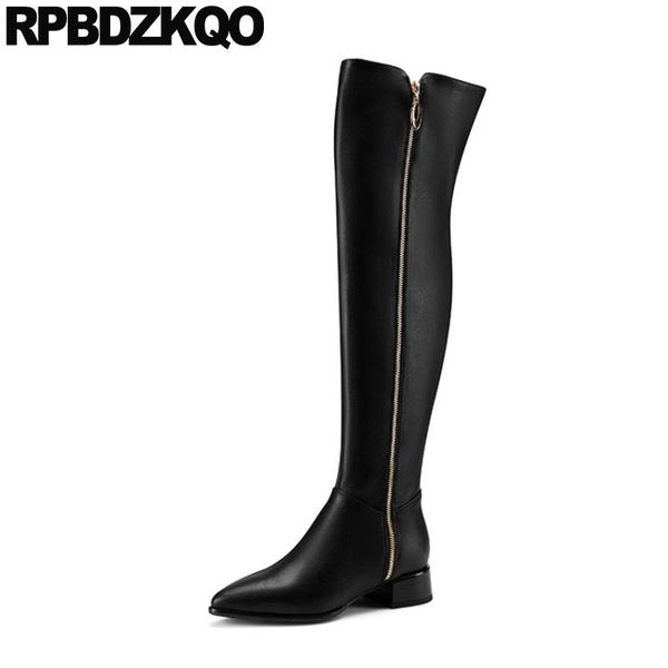 

boots long big size winter block pointed toe over the knee genuine leather thigh high for plus women shoes black chunky quality