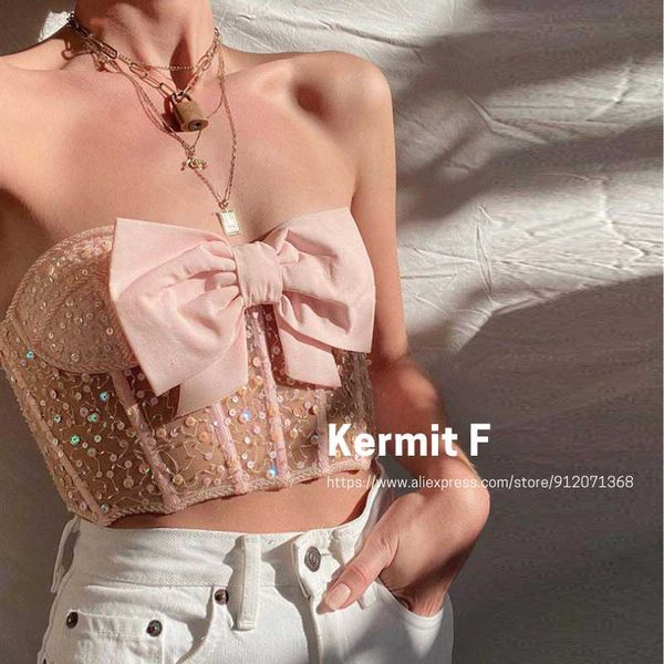 

women's tanks & camis [kermit f] removable shoulder straps tube bowknot sequins slim waistcoat bodycon binding gauze low-cut blouses, White