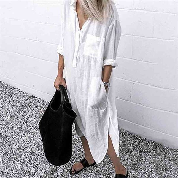

women lapel long sleeve shirt dress spring summer cotton split dresses elegant solid work office vestidos female tunic robe 210522, Black;gray