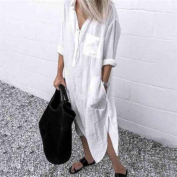 Frauen Revers Langarm Hemd Kleid Frühling Sommer Baumwolle Split Kleider Elegante Solide Arbeit Büro Vestidos Weibliche Tunika Robe 210522