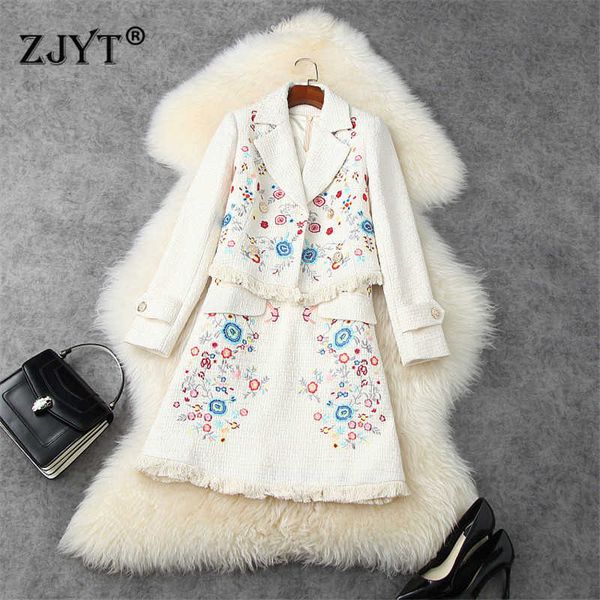 

fashion runway designers flower embroidery tweed woolen jacket and dress autumn winter woman clothes two piece vestidos 210601, Black;gray