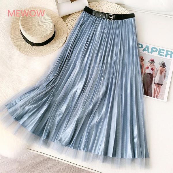 

skirts women's spring summer big hem shiny mesh pleated skirt stretchy waist long midi front buckle belt young female, Black