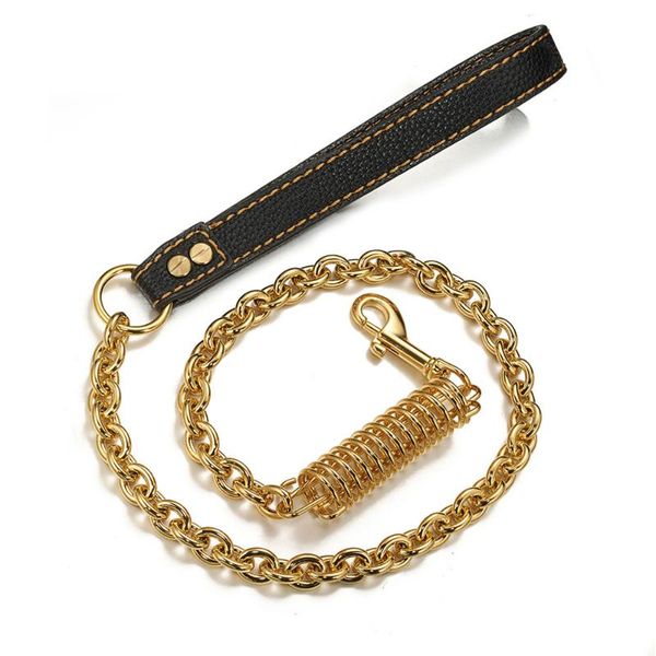 

dog chain leash heavy duty 18k gold 15mm harness labor-saving spring with leather handle for medium large dogs collars & leashes