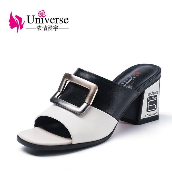 

slippers univers 2021 fashion summer genuine leather shoes sandals slipper h093, Black