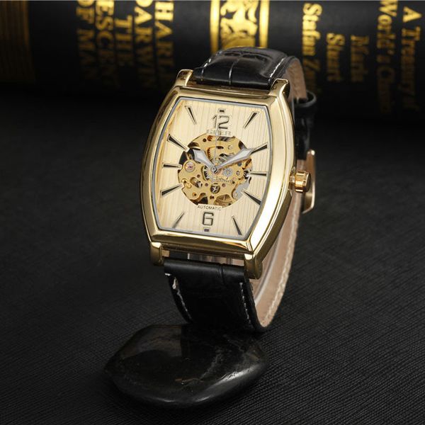 

casual square personality wine barrel fashion automatic hollow out men's mechanical watch, Slivery;brown