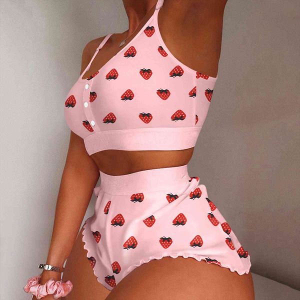 

2 pieces kawaii strawberry womens sleepwears print frill hem cami pajama set femme cute crop shorts suits lady sleepwear, Black;red