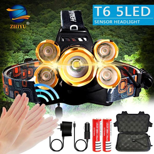 

powerful led headlamp 5led t6 sensor headlight 8000 lumens torch head light 18650 battery for camping, fishing headlamps