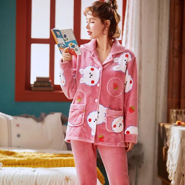 

women's sleepwear flannel winter pajamas set women cartoon pajama button full sleeve shirt pant thick warm homewear rs48, Black;red