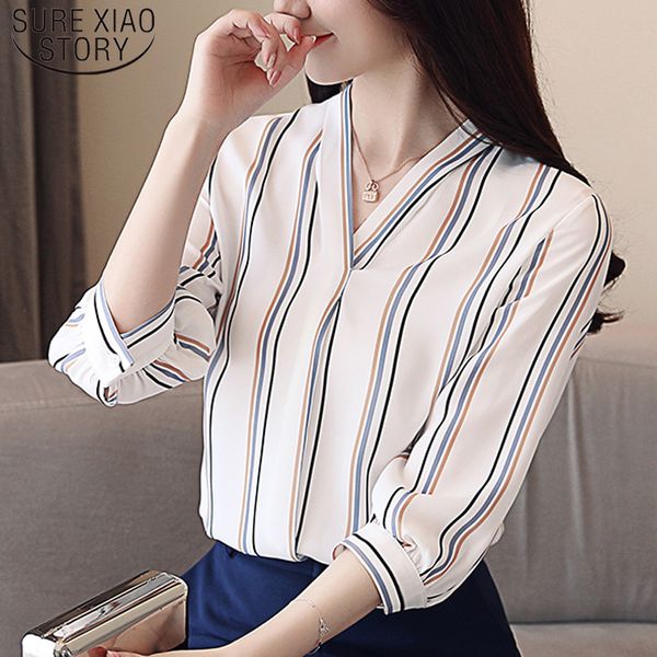 

fashion slim elegant casual autumn v-neck striped chiffon woman clothes fit regular print blouse 5115 50 210510, White