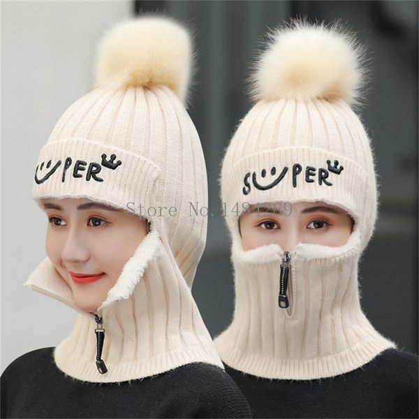 

female winter knitted hats add fur lined warm for women with zipper keep warmer balaclava pompoms cap, Blue;gray