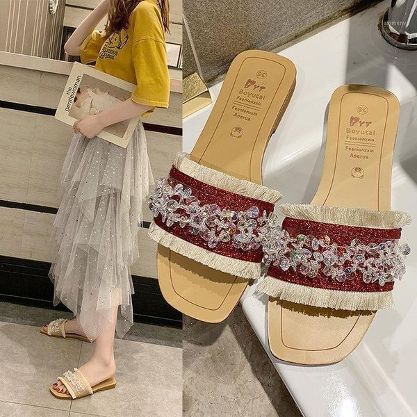 

slippers open toe outside women summer rivet crystal flat slides elegant concise shoes1, Black