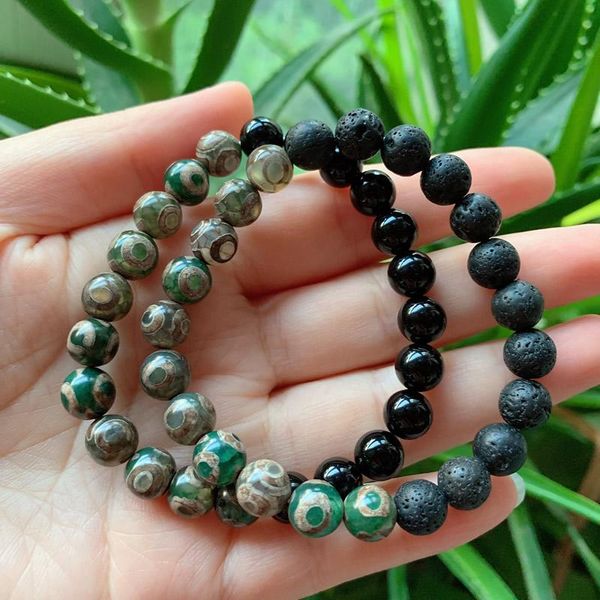 

charm bracelets retro healing energy black lava stone natural tibetan dzi agates bracelet three-eyed agat beaded round ball strand, Golden;silver