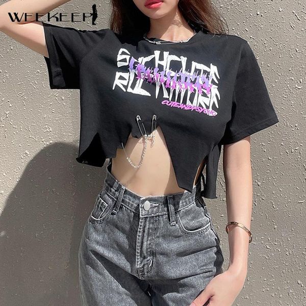 

women's t-shirt weekeep harajuku letter print cut out women short sleeve baggy crop summer streetwear punk hip hop 100% cotton tees, White