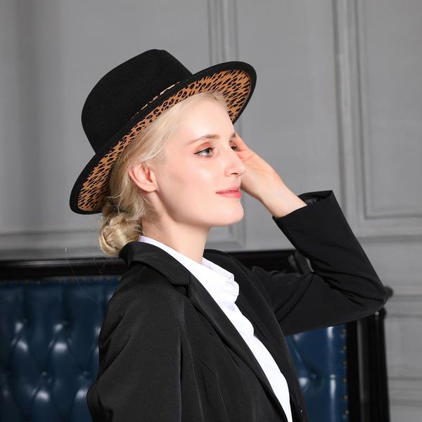 

wide brim hats 2021 woman patchwork felt fedoras black leopard bottom vintage winter autumn jazz panama sombrero caps, Blue;gray