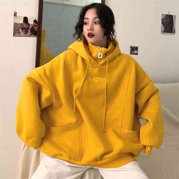 

fleece warm thicken women's sweatshirt hooded scarf collar oversize letter female hoodies korean solid ladies pullovers 210524, Black