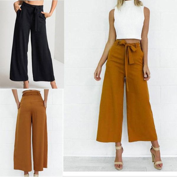 

women's pants & capris 2021 brand women high waist flared wide leg long lady work casual palazzo trousers fashion clothes, Black;white