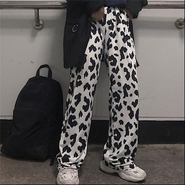 

cow print womens pants women korean style wide leg harajuku trousers summer clothes streetwear, Black;white