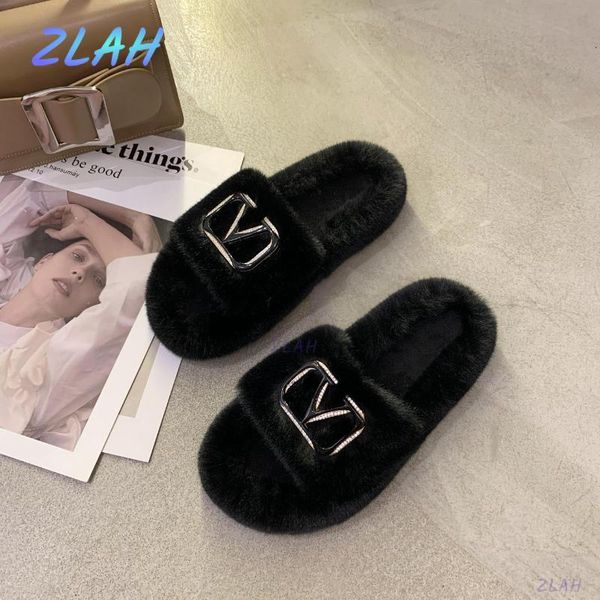 

slippers women's fur fashion warm winter zlah furry home metal decorative, Black