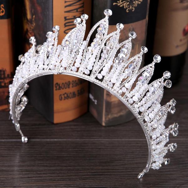 

earrings & necklace forseven baroque white crystal simulated pearls crowns princess tiara bride noiva wedding party jewelry set, Silver