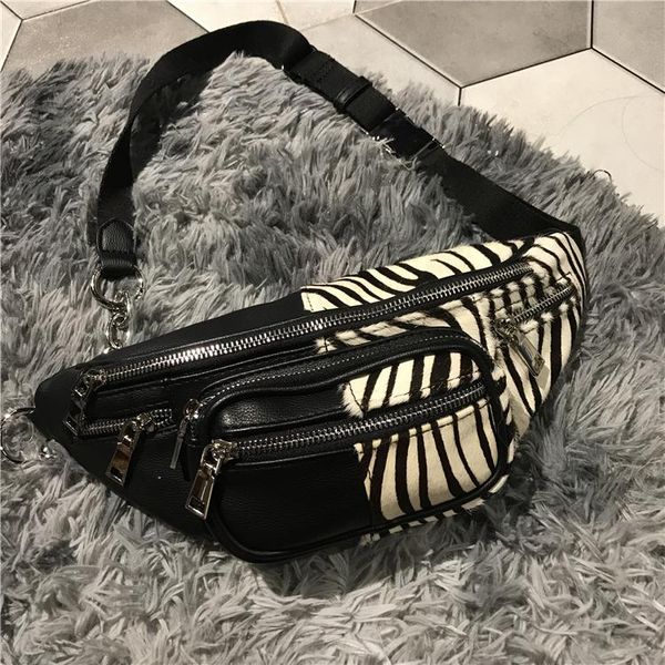 

waist bags genuine leather patchwork chest bag for women 2021 leopard zebra pattern man-made fur ladies purses bolsa