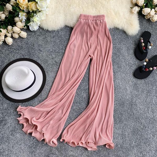 

women's pants & capris elastic waist pleated flare chic street trendy wide leg trousers women retro long, Black;white