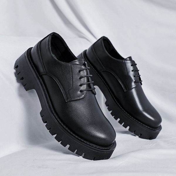 

dress shoes male leather shoes, casual harajuku-style korean fashionable shoes with a high platform for marriage arvy, Black