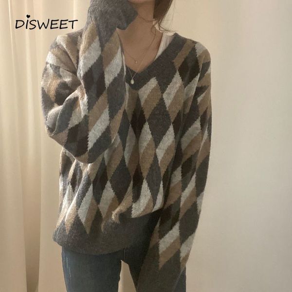 

knits knitting o-neck pullover women korean long-sleeved and warm woman sweaters simple argyle loose women's oversize sweater, White