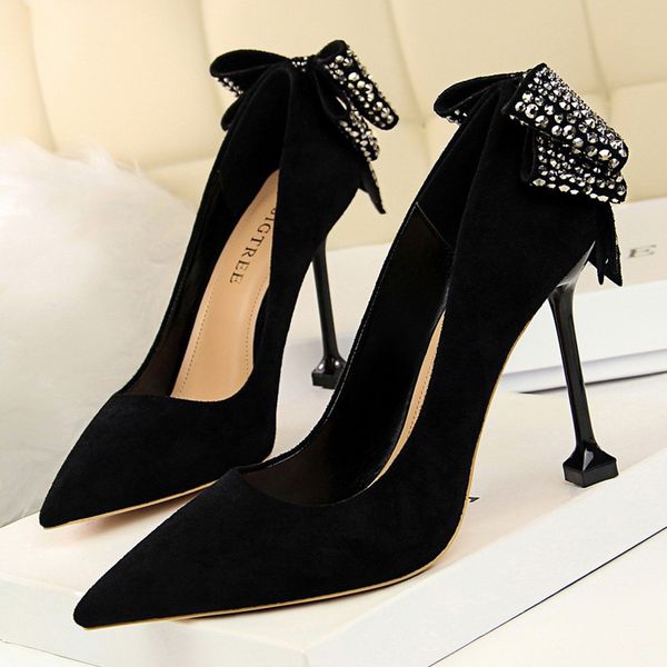 

2021 shoes suede high heels bow-knot pumps women shoes rhinestone women heels stiletto red wedding shoes women basic pump1, Black