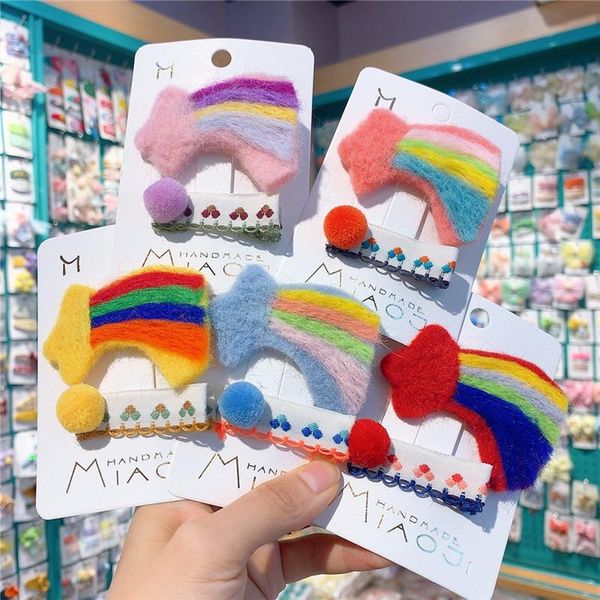 

hair accessories autumn and winter sweet girl cute wool felt rainbow hairpin children's fashion hairball embroidery duckbill clip headd, Slivery;white