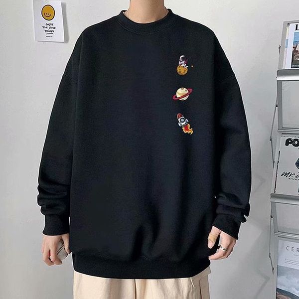 

mens sweater hip hop guochao round neck sweater men's autumn 2021 loose couple versatile sports casual coat, Black