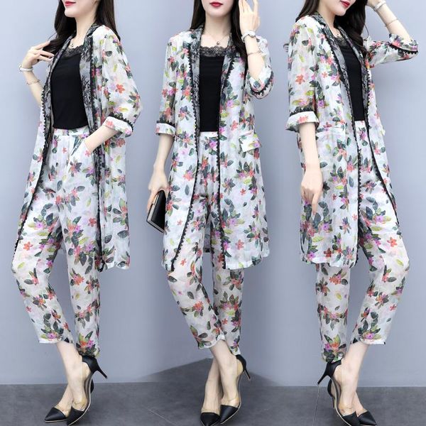 

women's tracksuits large floral print summer suit leisure two piece set office lady woman suits ensemble femme deux pieces, Gray