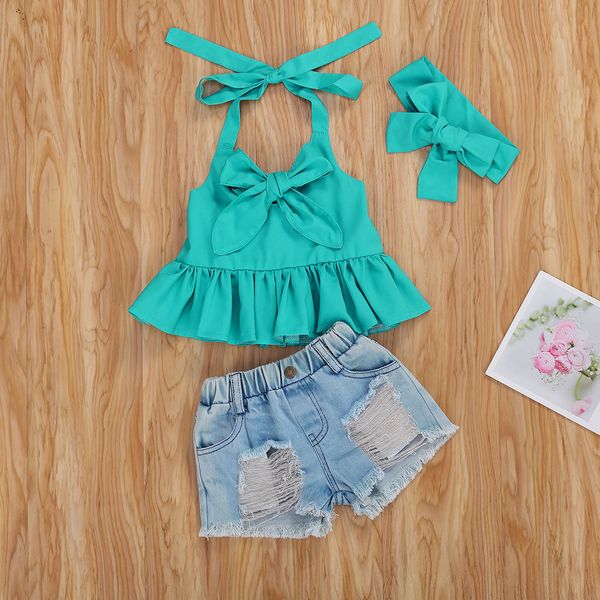 

sunsiom summer kids girls clothes sets bowknot sleeveless ruffles vest denim shorts headband suits 1-6years, White
