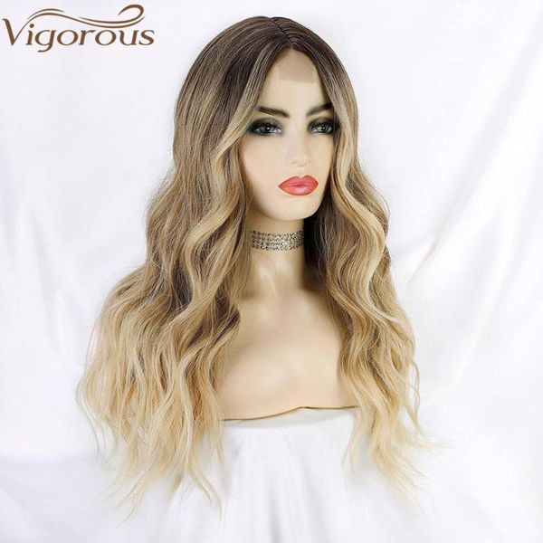 

synthetic wigs vigorous long wavy wig ombre light brown blonde for black women middle part natural heat resistant