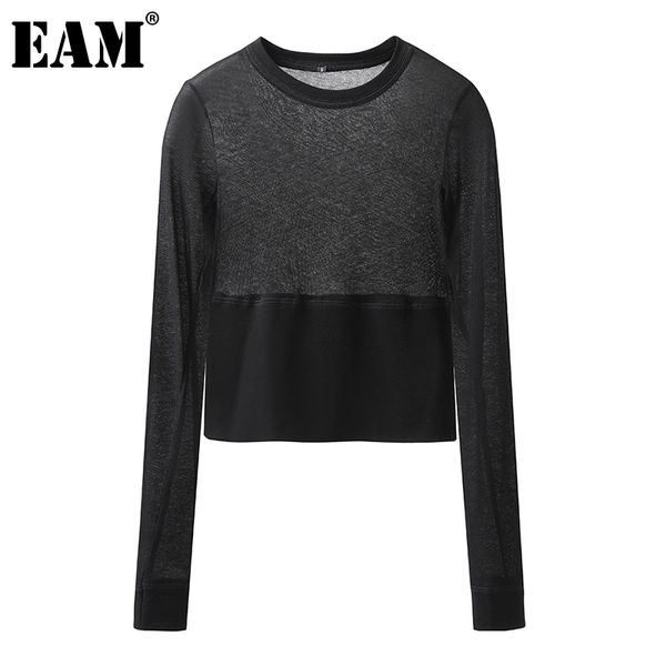 

[eam] women white slim spliced kintting casual simple t-shirt round neck long sleeve fashion spring summer 1dd7438 210512